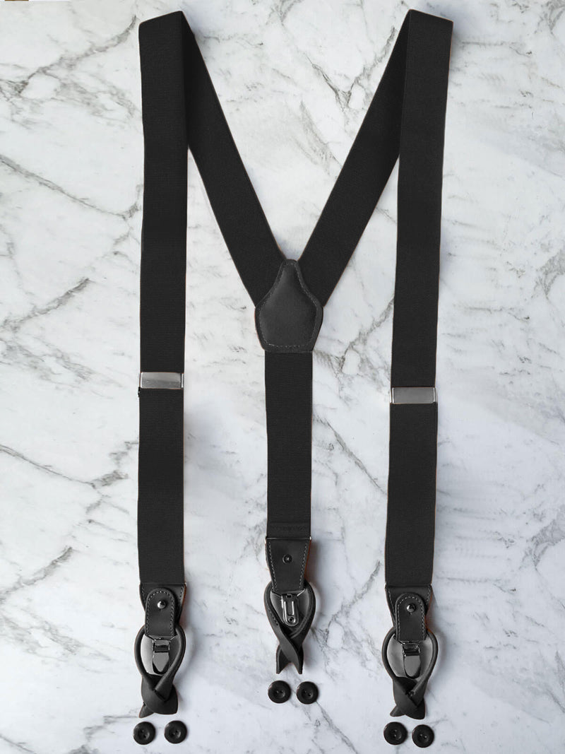 All Black Leather Trim Clip/Button Convertible Suspenders