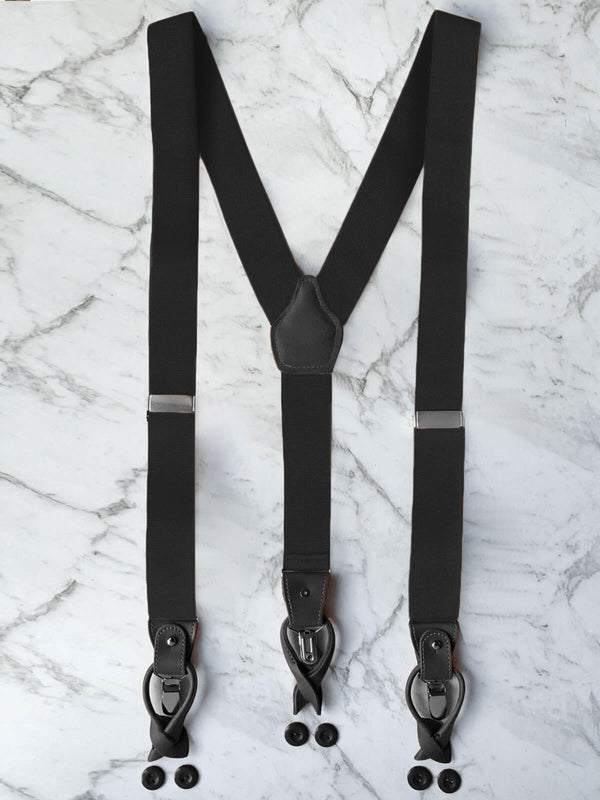 All Black Leather Trim Suspenders & Silk Bow Tie Set