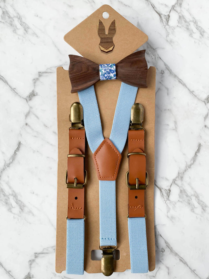 Kids Baby Blue Wooden Bow Tie, Suspenders & Animal Pin Set