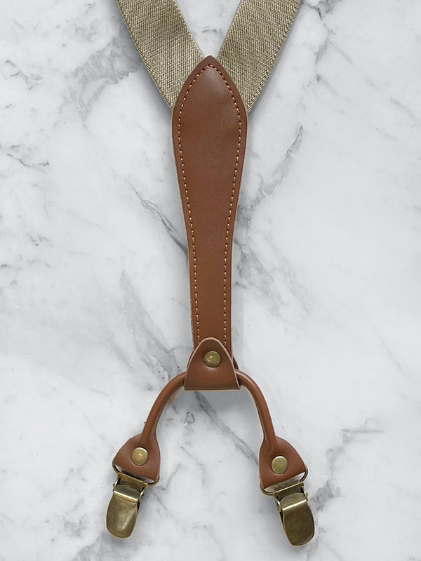 Beige Slimline Leather Trim Lightweight Suspenders