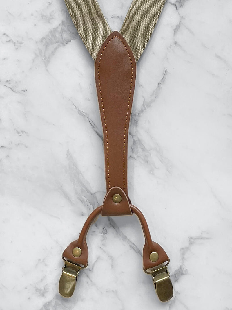 Beige Slimline Leather Trim Lightweight Suspenders