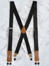 Black Leather Trim X-Back Button Suspenders