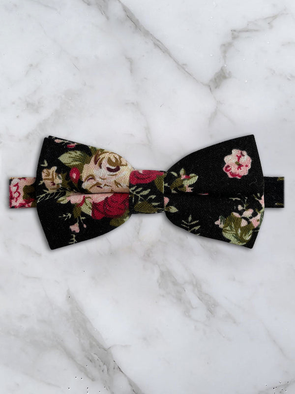 Black Linen Floral Bow Tie