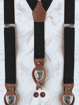 Black Pin Dot Pattern Leather Trim Clip/Button Convertible Suspenders