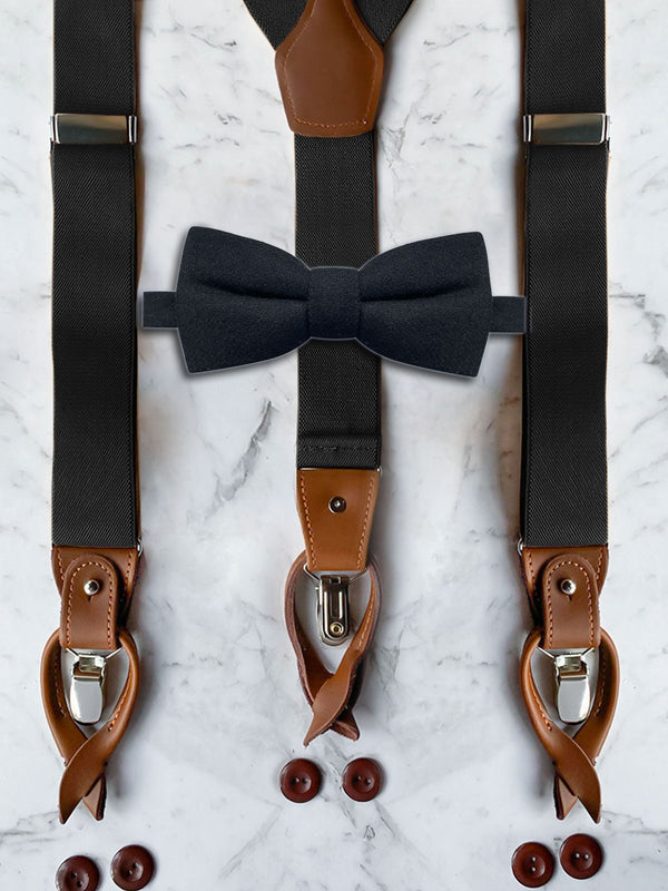 Black Leather Trim Suspenders & Woollen Bow Tie Set