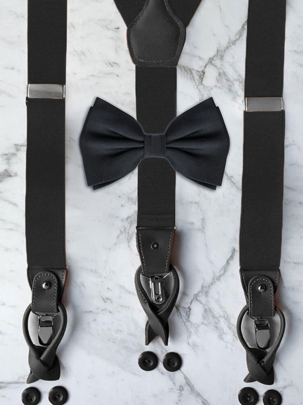 All Black Leather Trim Suspenders & Silk Bow Tie Set