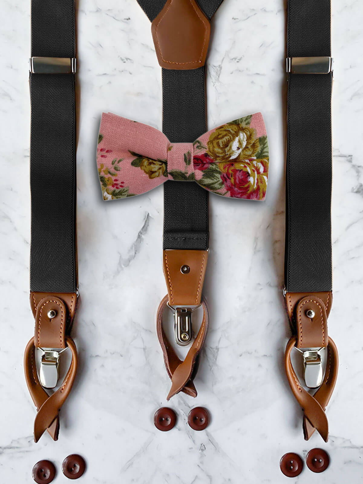 Black Leather Trim Suspenders & Linen/Cotton Floral Bow Tie Set