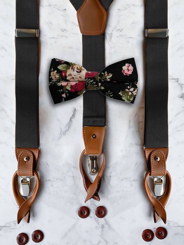 Black Leather Trim Suspenders & Linen/Cotton Floral Bow Tie Set