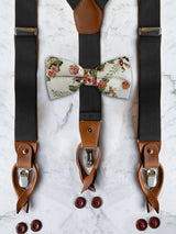 Black Leather Trim Suspenders & Linen/Cotton Floral Bow Tie Set