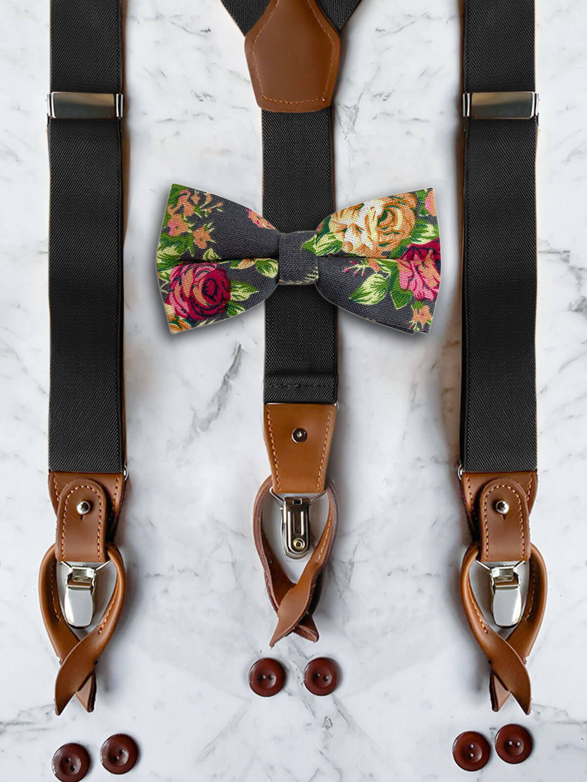 Black Leather Trim Suspenders & Linen/Cotton Floral Bow Tie Set