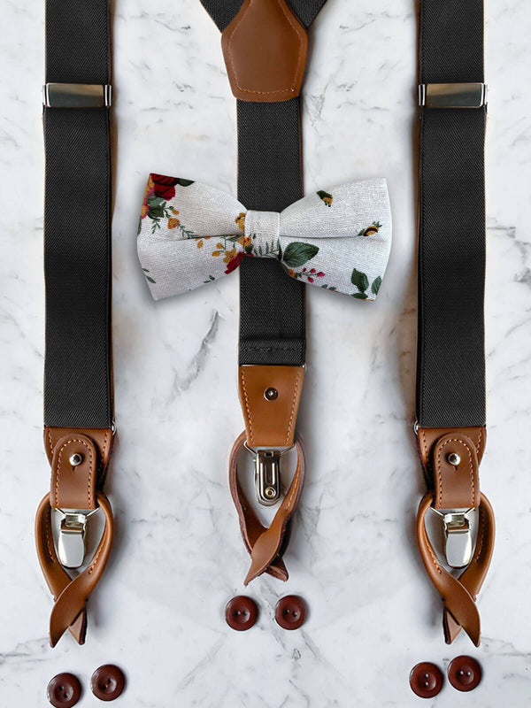 Black Leather Trim Suspenders & Linen/Cotton Floral Bow Tie Set