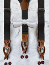 Black Leather Trim Suspenders & Woollen Bow Tie Set