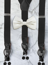 All Black Leather Trim Suspenders & Silk Bow Tie Set