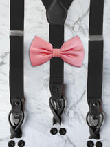 All Black Leather Trim Suspenders & Silk Bow Tie Set
