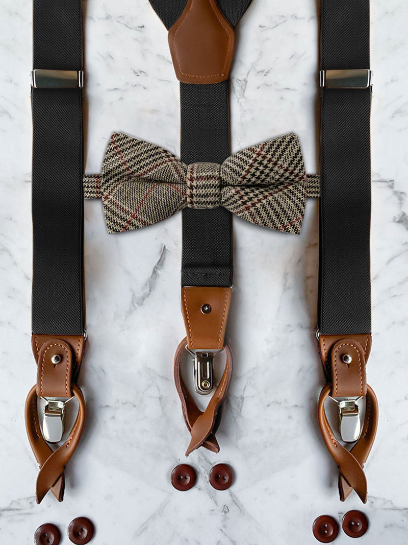 Black Leather Trim Suspenders & Woollen Bow Tie Set