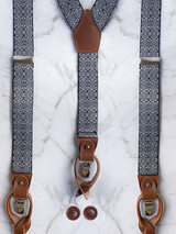 White Black Patterned Leather Trim Clip/Button Convertible Suspenders