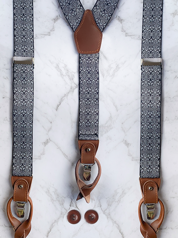 White Black Patterned Leather Trim Clip/Button Convertible Suspenders