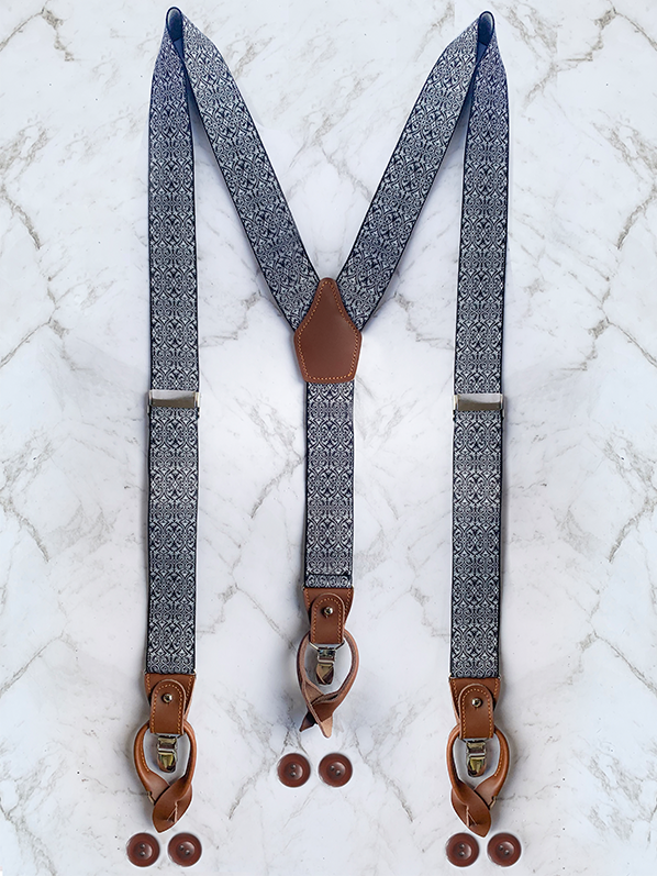 White Black Patterned Leather Trim Clip/Button Convertible Suspenders