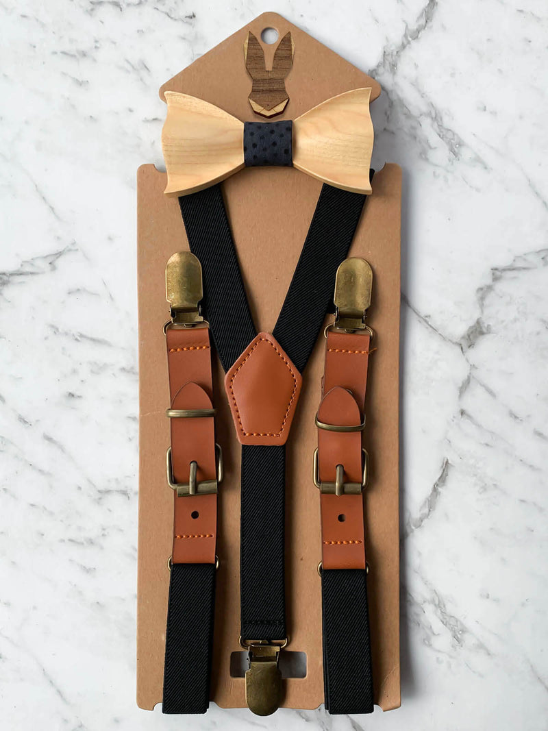 Kids Black Wooden Bow Tie, Suspenders & Brooch Set