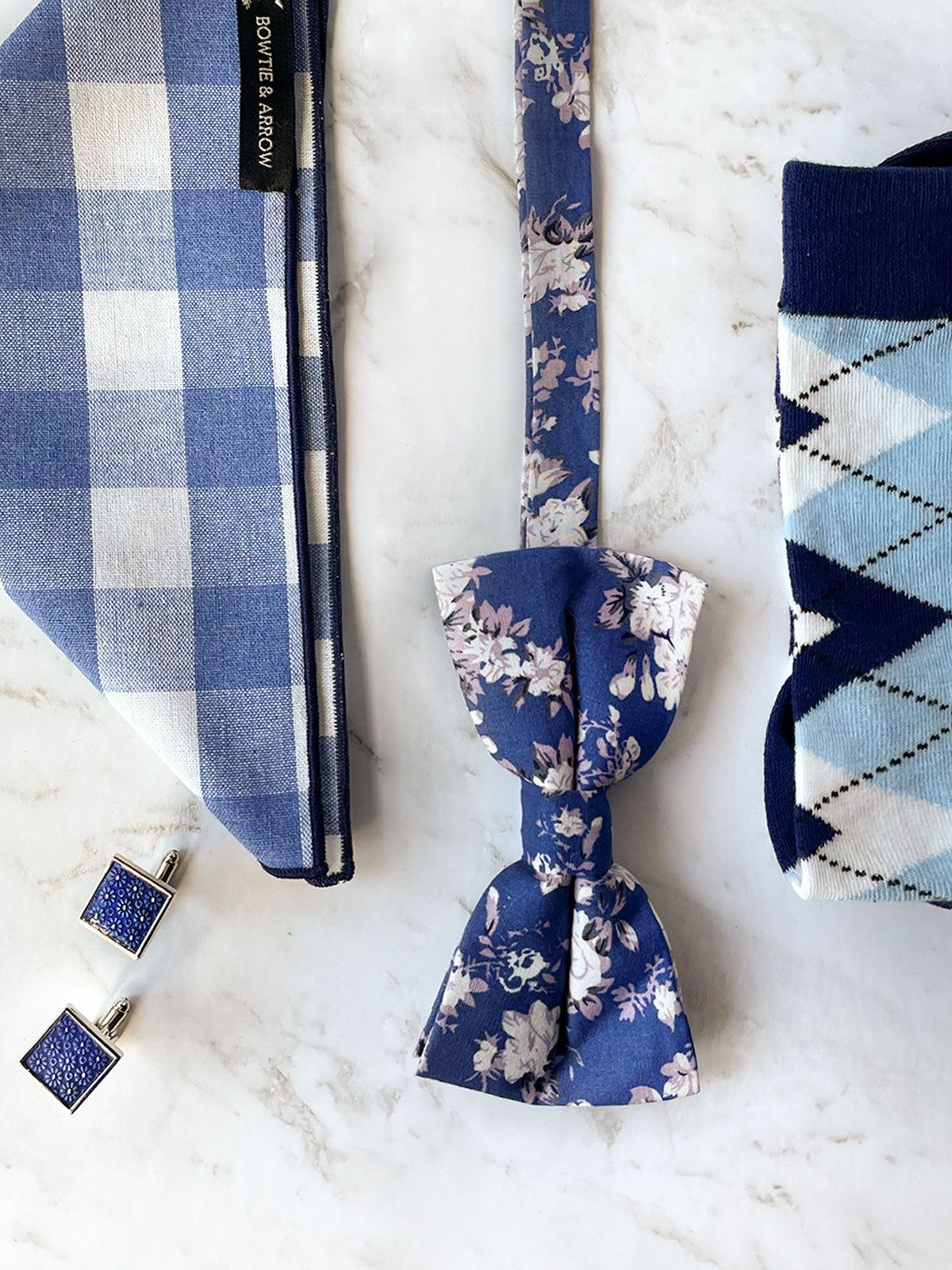 Blue Floral Cotton Bow Tie Set