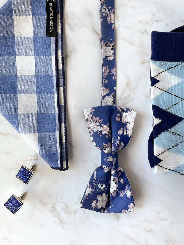 Blue Floral Cotton Bow Tie Set