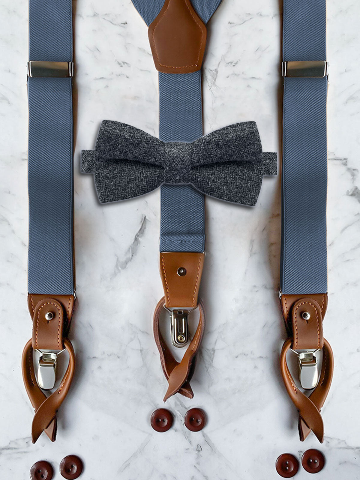 Blue Grey Leather Trim Suspenders & Woollen Bow Tie Set