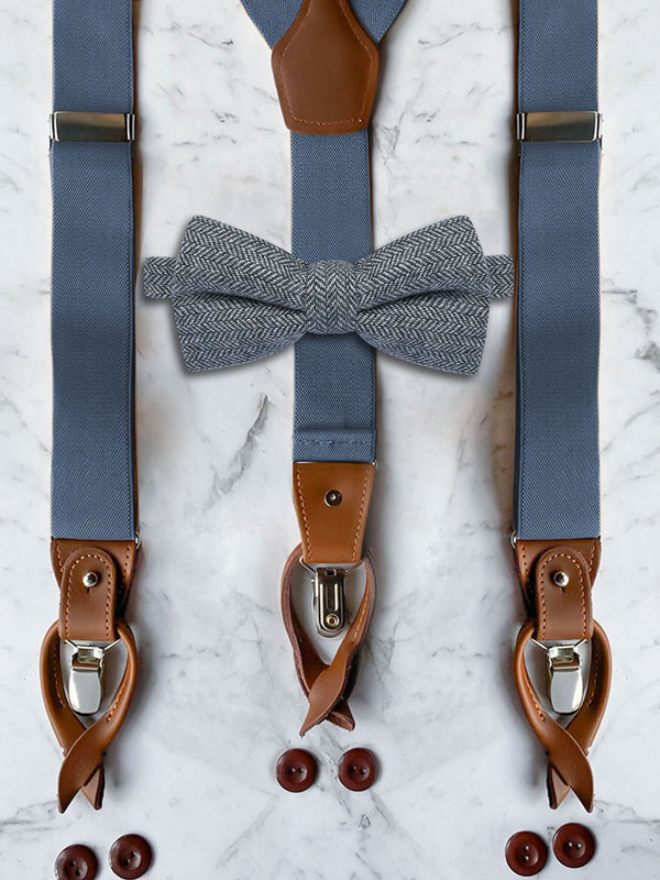 Blue Grey Leather Trim Suspenders & Woollen Bow Tie Set