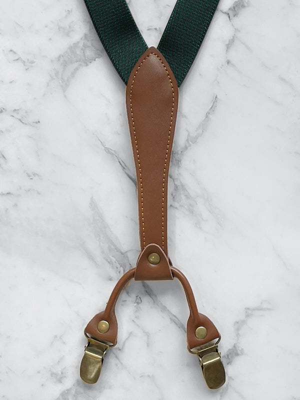 Bottle Green Slimline Leather Trim Lightweight Suspenders