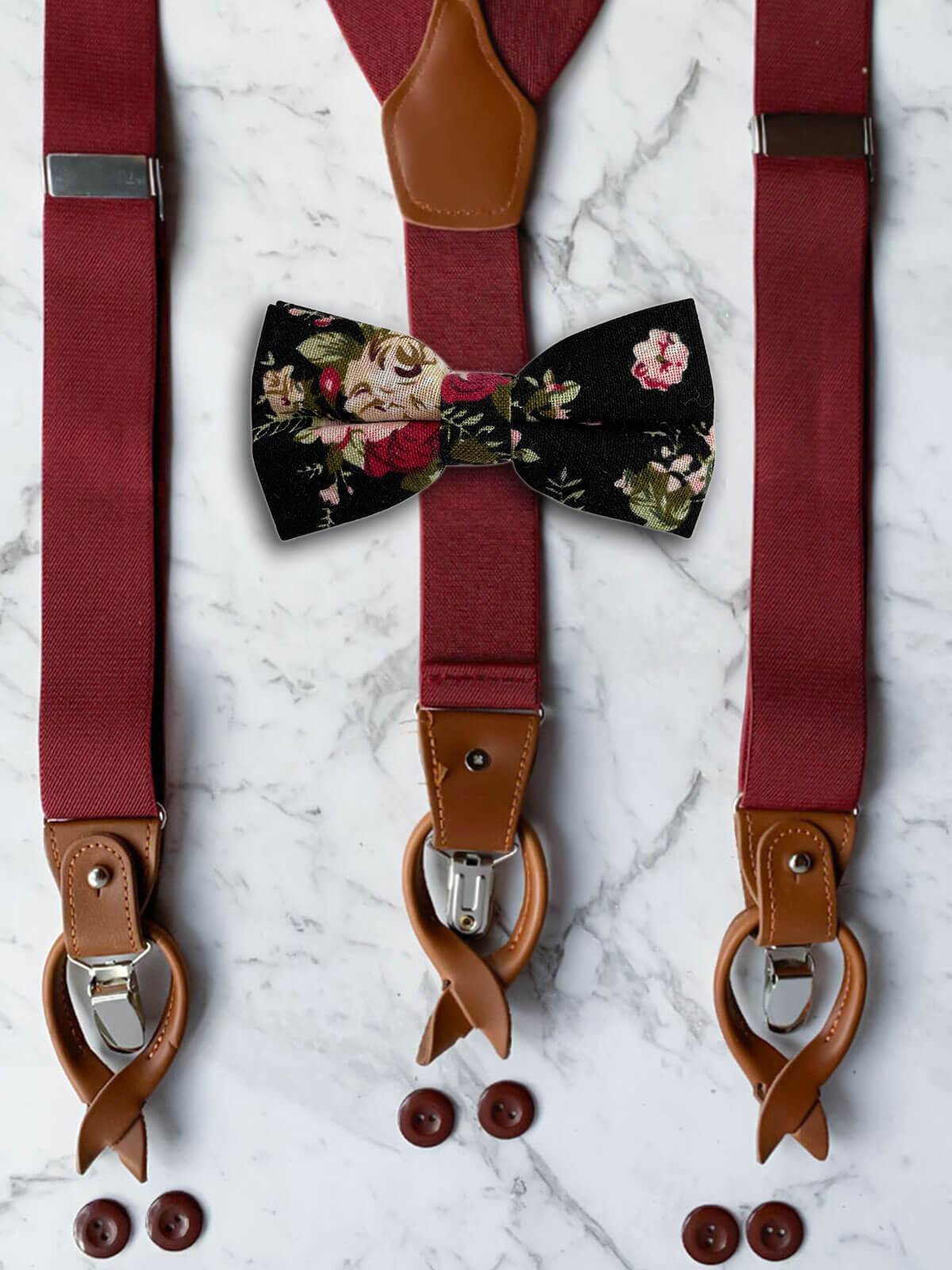 Burgundy Leather Trim Suspenders & Linen/Cotton Floral Bow Tie Set