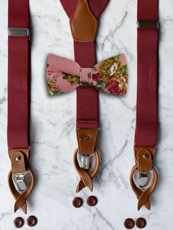 Burgundy Leather Trim Suspenders & Linen/Cotton Floral Bow Tie Set