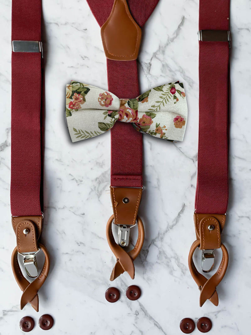 Burgundy Leather Trim Suspenders & Linen/Cotton Floral Bow Tie Set
