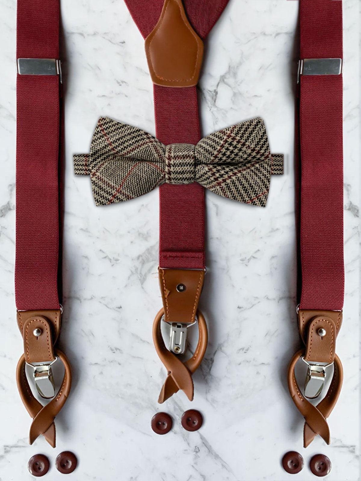 Burgundy Leather Trim Suspenders & Woollen Bow Tie Set