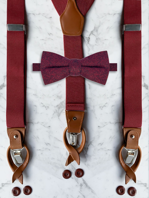 Burgundy Leather Trim Suspenders & Woollen Bow Tie Set