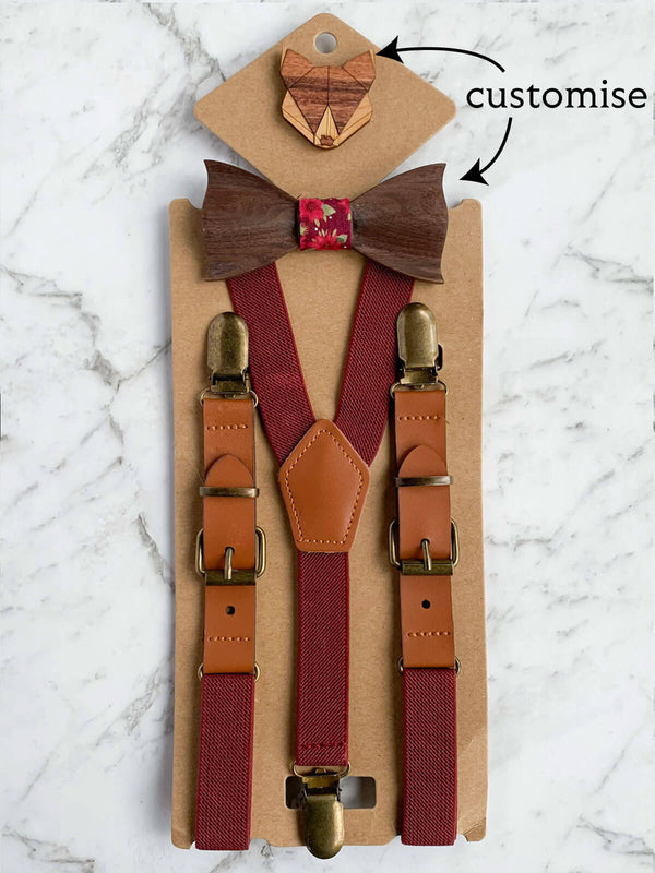 Kids Burgundy Wooden Bow Tie, Suspenders & Brooch Set