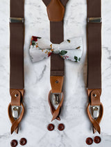 Chocolate Leather Trim Suspenders & Linen/Cotton Floral Bow Tie Set