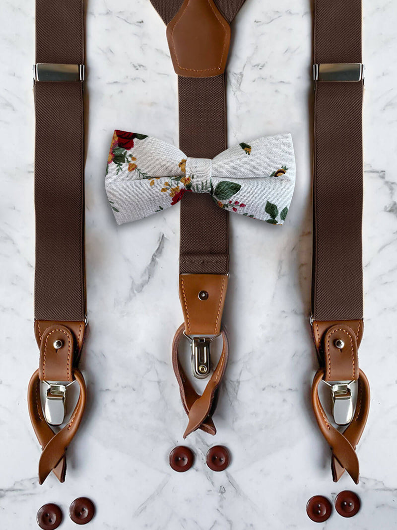 Chocolate Leather Trim Suspenders & Linen/Cotton Floral Bow Tie Set