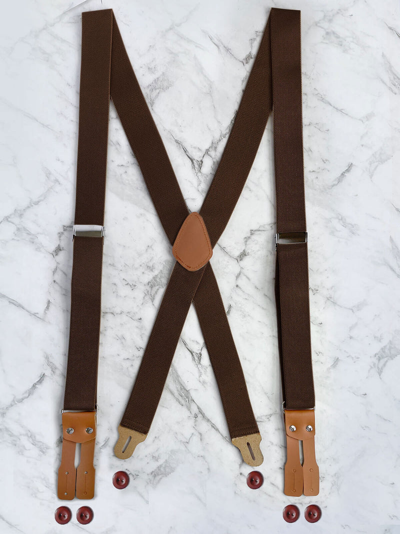 Chocolate Leather Trim X-Back Button Suspenders