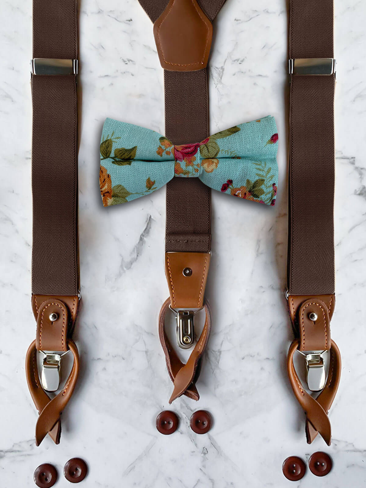 Chocolate Leather Trim Suspenders & Linen/Cotton Floral Bow Tie Set
