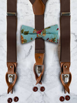 Chocolate Leather Trim Suspenders & Linen/Cotton Floral Bow Tie Set