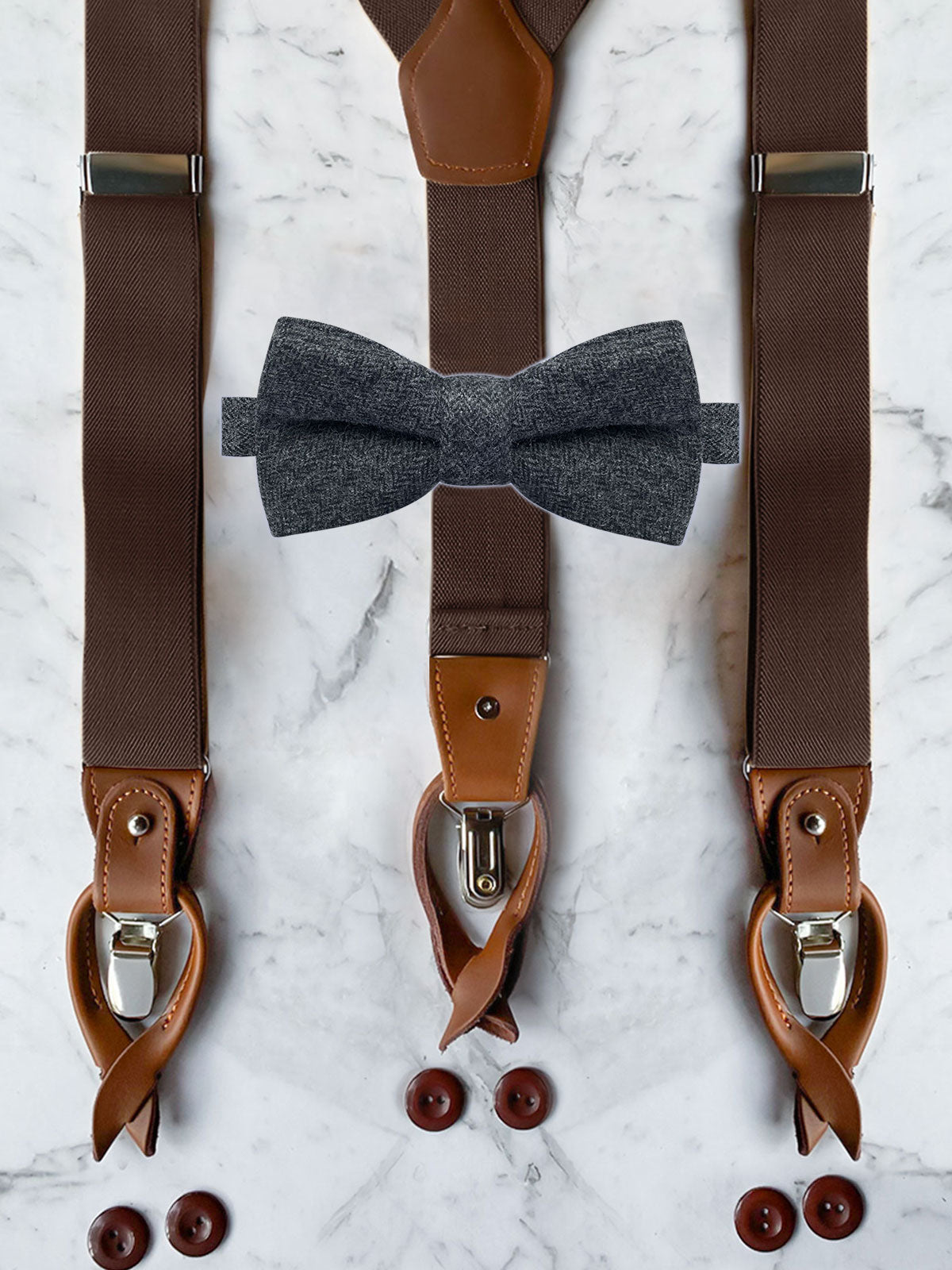 Chocolate Brown Leather Trim Suspenders & Woollen Bow Tie Set