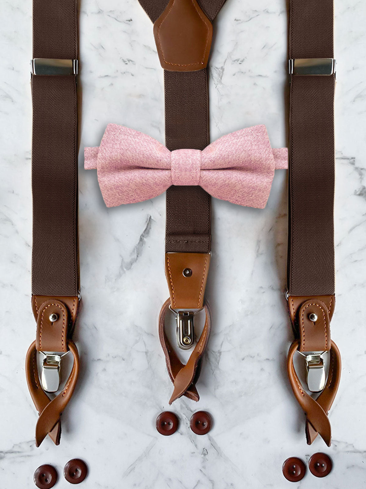 Chocolate Brown Leather Trim Suspenders & Woollen Bow Tie Set