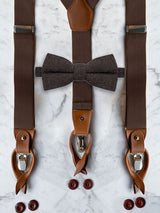 Chocolate Brown Leather Trim Suspenders & Woollen Bow Tie Set