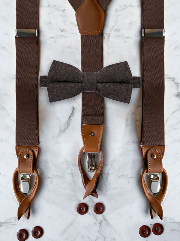 Chocolate Brown Leather Trim Suspenders & Woollen Bow Tie Set