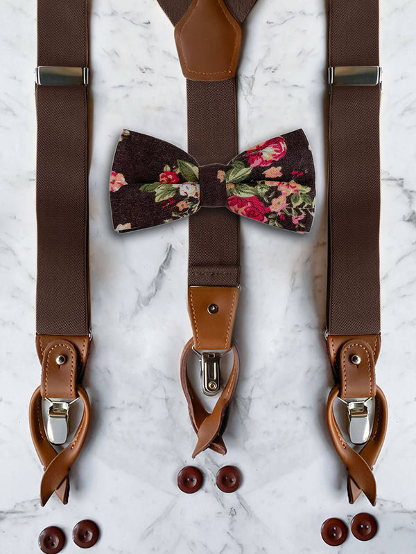 Chocolate Leather Trim Suspenders & Linen/Cotton Floral Bow Tie Set
