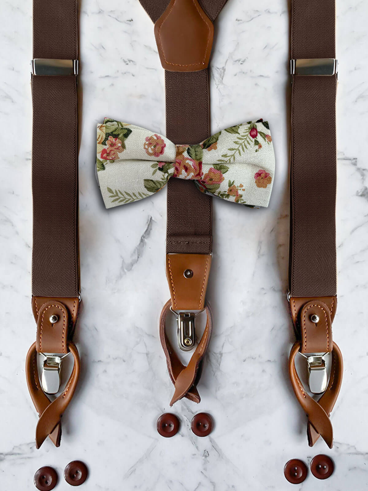 Chocolate Leather Trim Suspenders & Linen/Cotton Floral Bow Tie Set