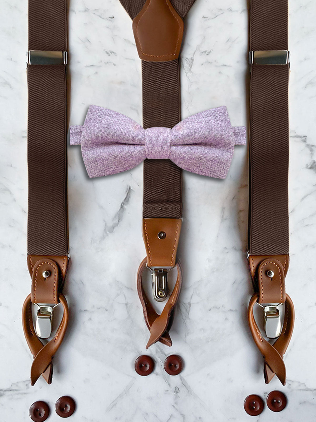 Chocolate Brown Leather Trim Suspenders & Woollen Bow Tie Set