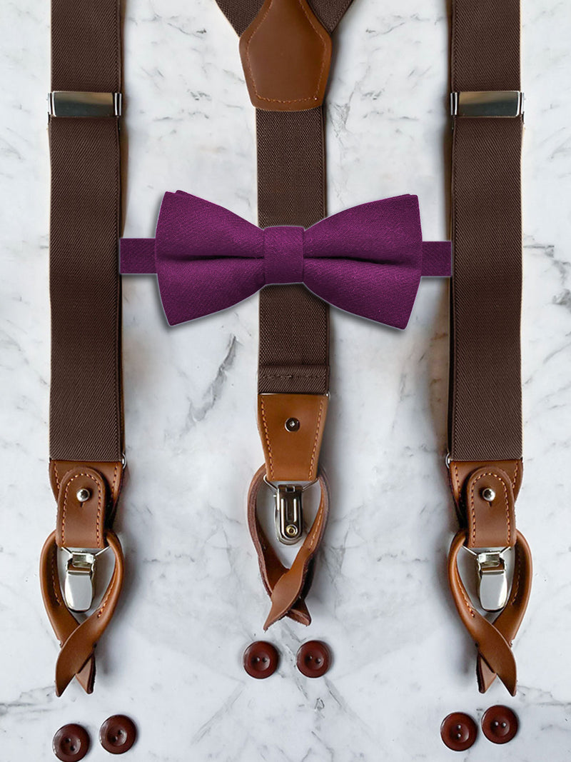 Chocolate Brown Leather Trim Suspenders & Woollen Bow Tie Set
