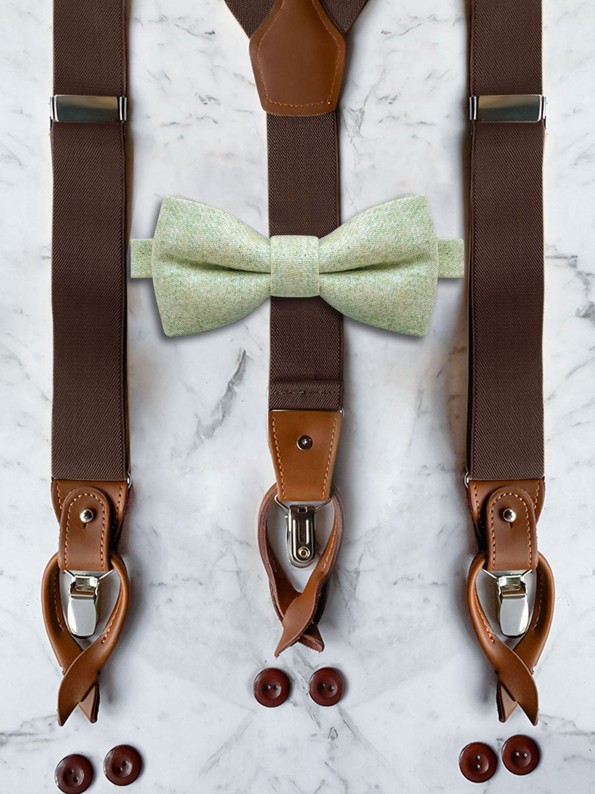 Chocolate Brown Leather Trim Suspenders & Woollen Bow Tie Set