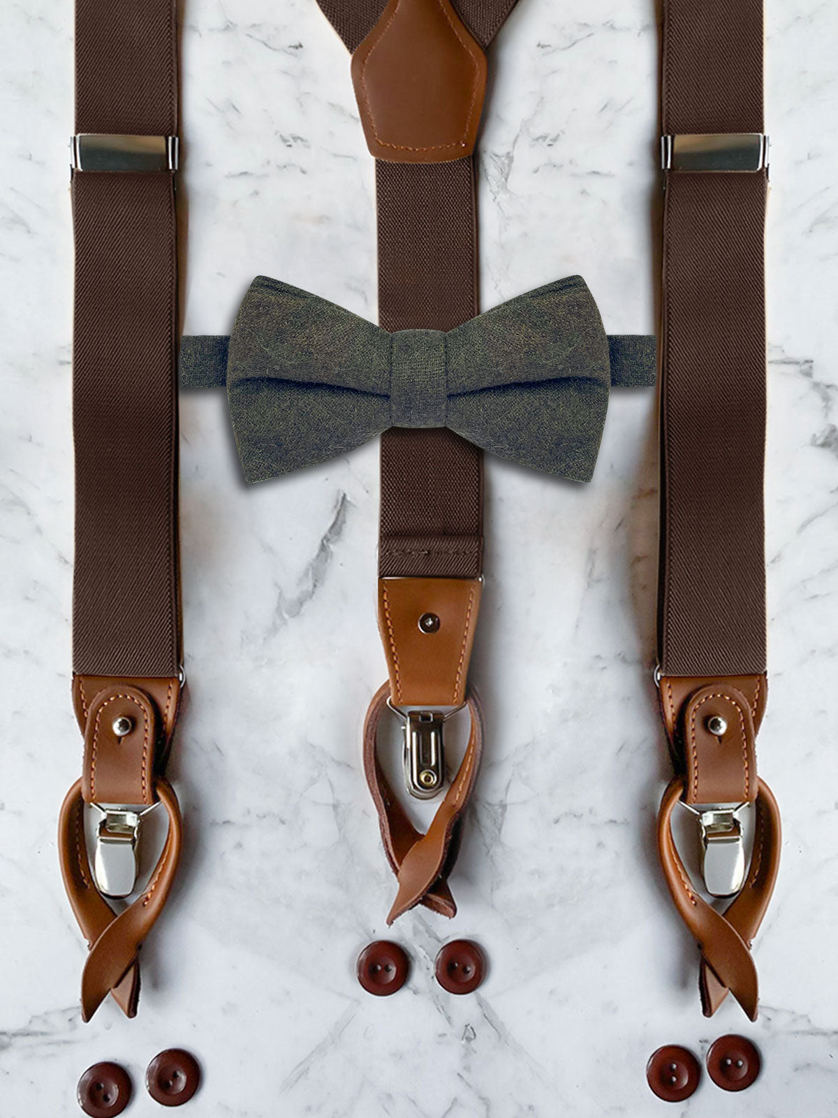 Chocolate Brown Leather Trim Suspenders & Woollen Bow Tie Set