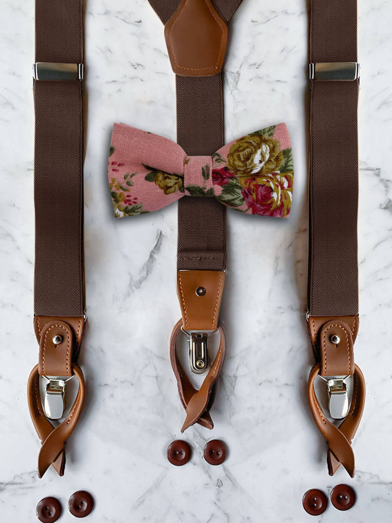 Chocolate Leather Trim Suspenders & Linen/Cotton Floral Bow Tie Set
